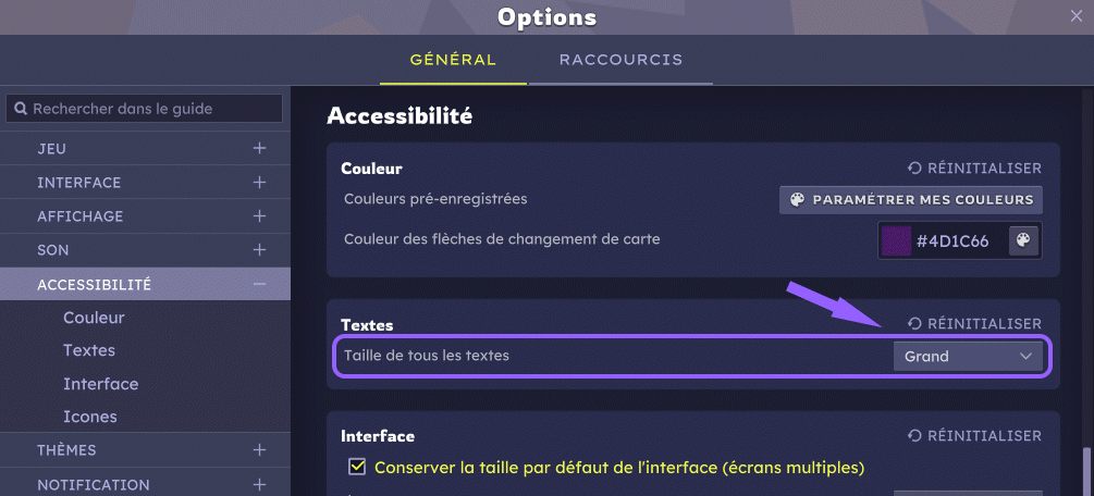Accessibilité>Tous les textes en grand